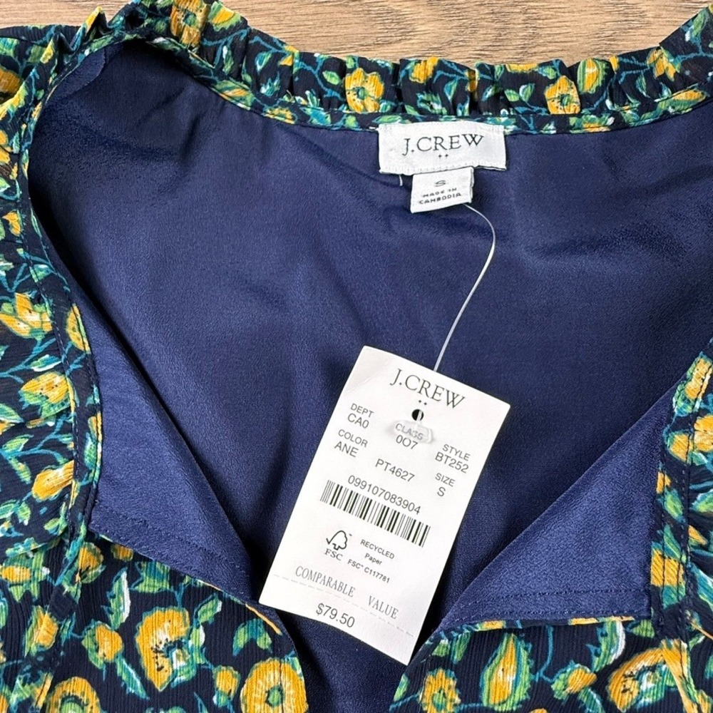 J. Crew Factory Women's Ruffle Tie-Neck Short Sleeve Blouse Navy Floral NWT S - Picture 7 of 15